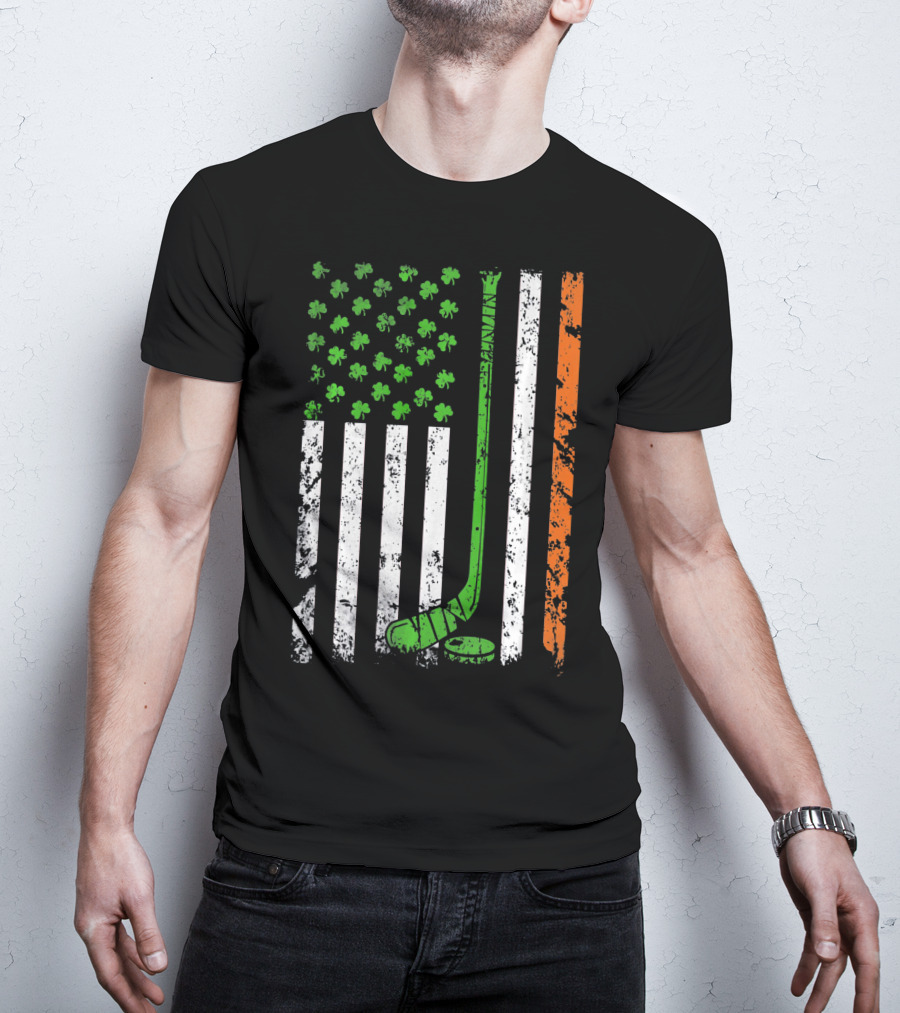 Irish American Hockey Flag With Shamrocks And Hockey Stick T-Shirt