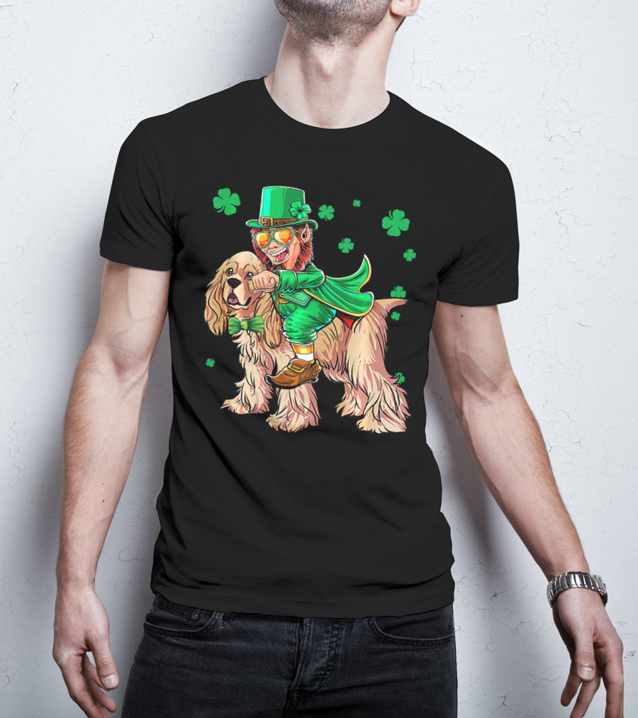 Leprechaun Riding Cocker Spaniel With Shamrocks T-Shirt