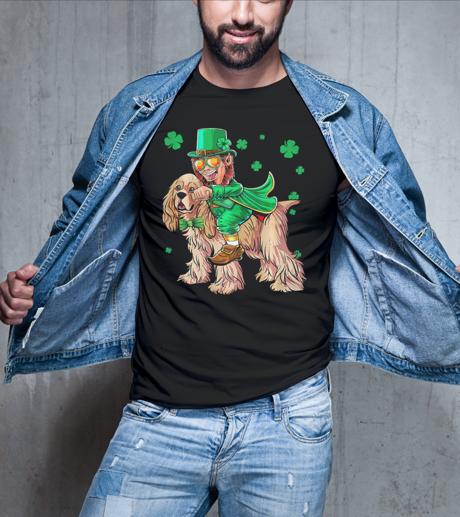 Leprechaun Riding Cocker Spaniel With Shamrocks T-Shirt