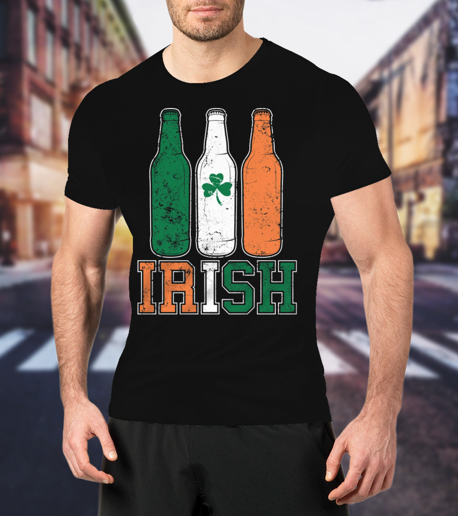 IRISH St Paddys Day Drinking Bottles With Shamrock Flag T-Shirt