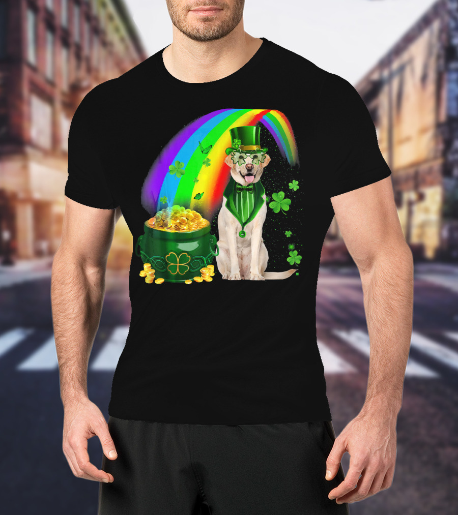 Labrador Dog Leprechaun With Rainbow Coins And Shamrock Saint Patrick's Day Irish Charm T-Shirt