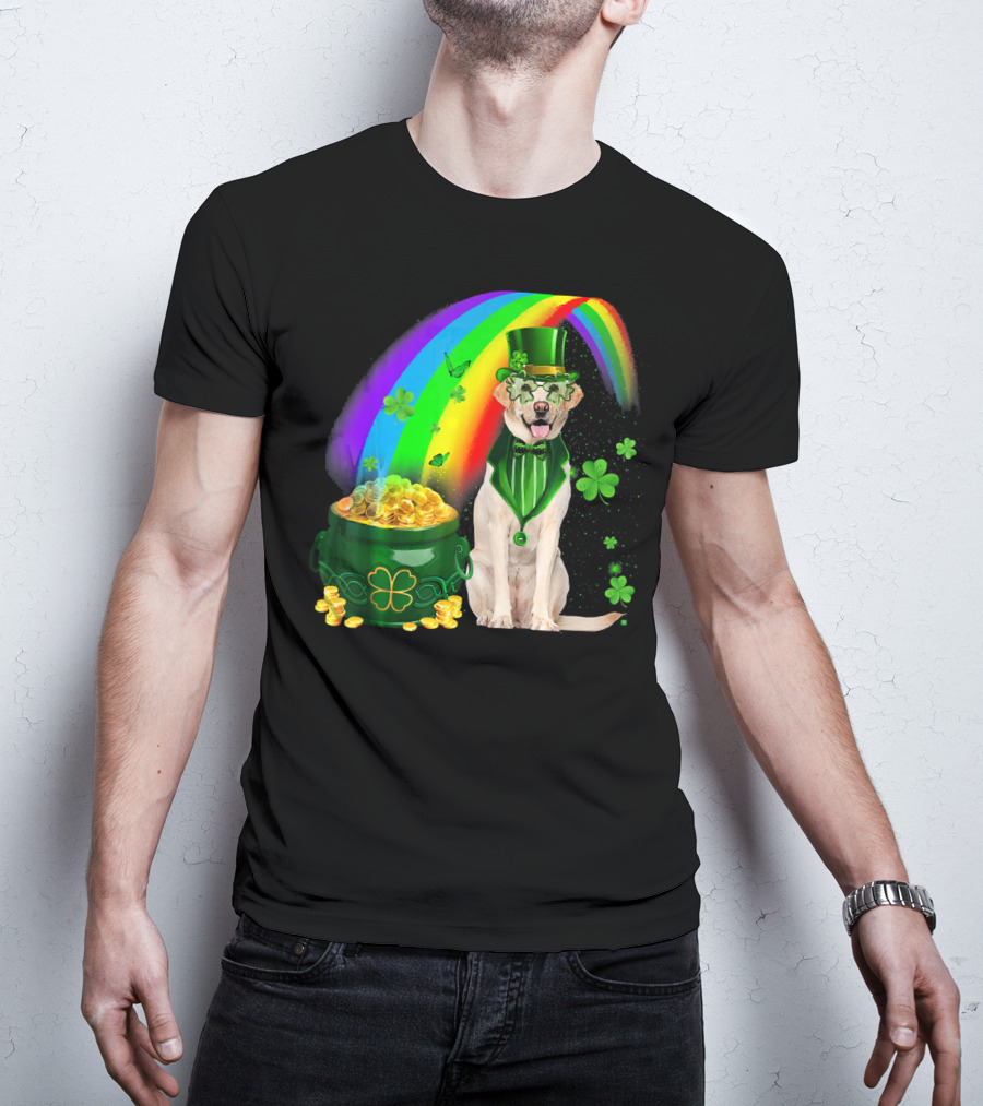 Labrador Dog Leprechaun With Rainbow Coins And Shamrock Saint Patrick's Day Irish Charm T-Shirt