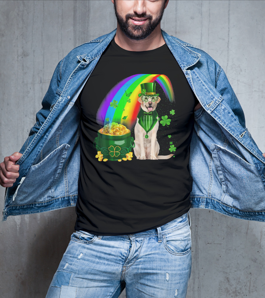 Labrador Dog Leprechaun With Rainbow Coins And Shamrock Saint Patrick's Day Irish Charm T-Shirt