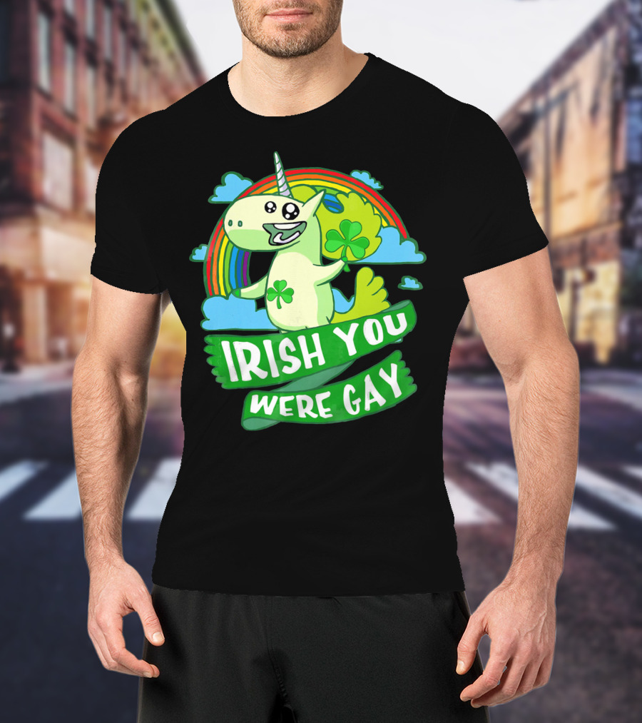 Unicorn Irish You Were Gay Rainbow Shamrock Clouds T-Shirt