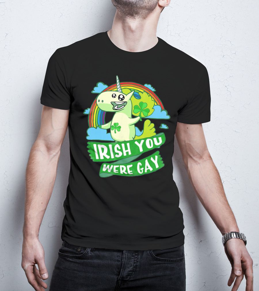 Unicorn Irish You Were Gay Rainbow Shamrock Clouds T-Shirt