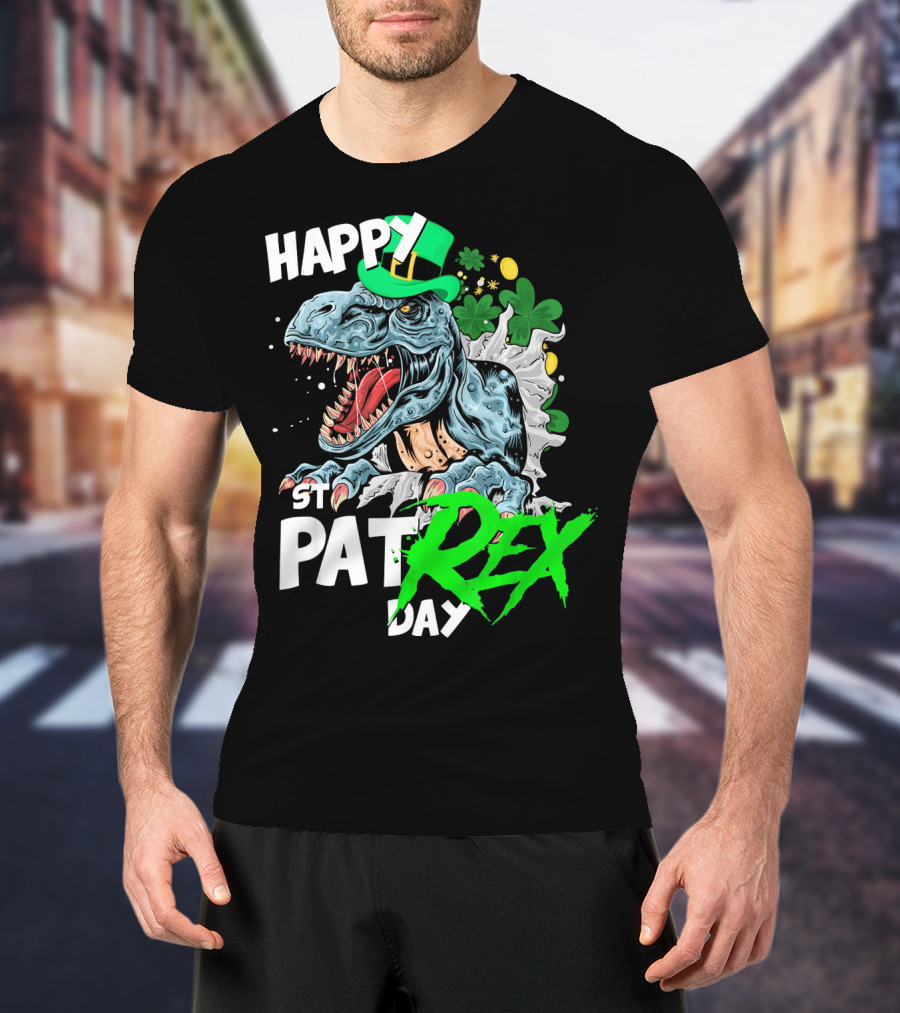 St Patricks Day Rex Happy Pat With Leprechaun Hat And Shamrocks T-Shirt