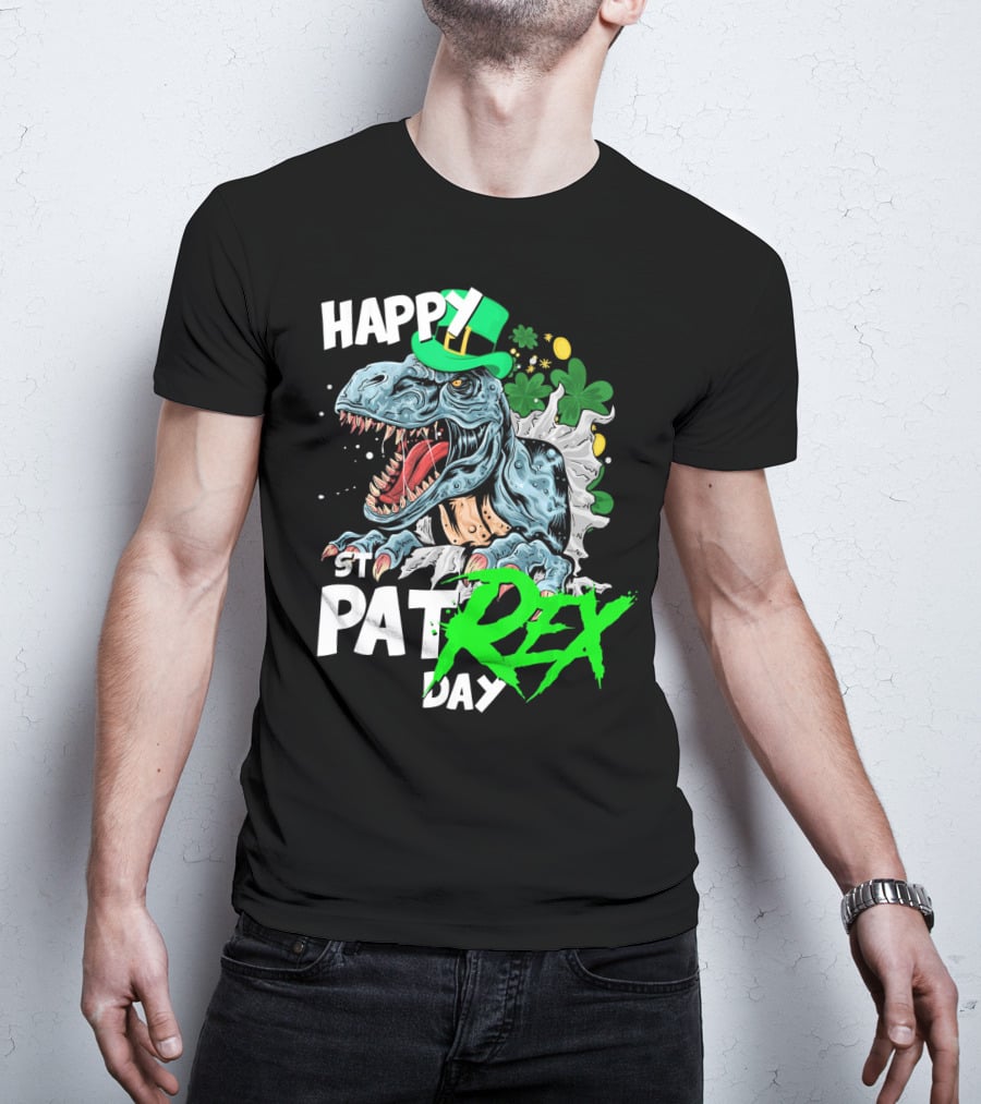 St Patricks Day Rex Happy Pat With Leprechaun Hat And Shamrocks T-Shirt