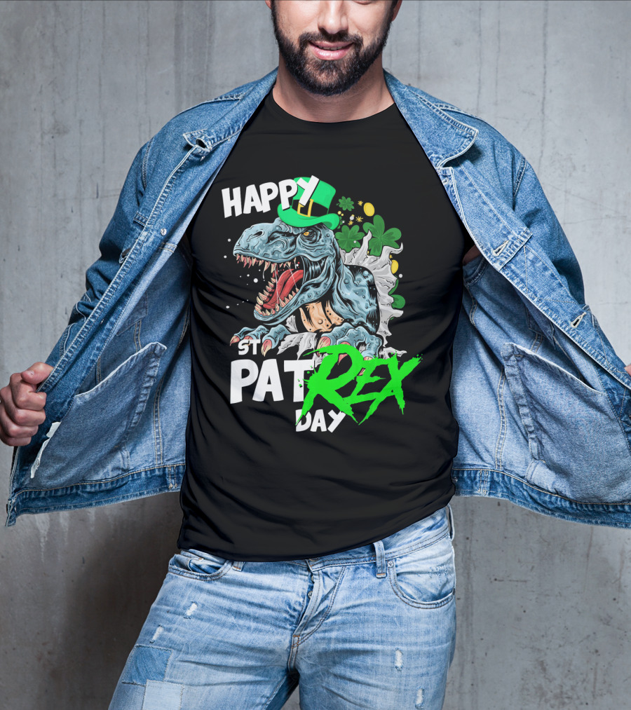 St Patricks Day Rex Happy Pat With Leprechaun Hat And Shamrocks T-Shirt