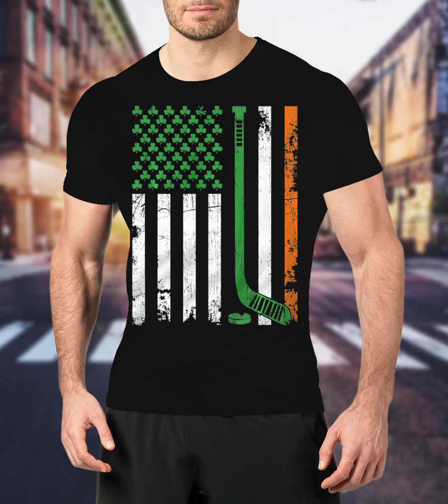 Irish American Flag Shamrock Hockey Stick T-Shirt
