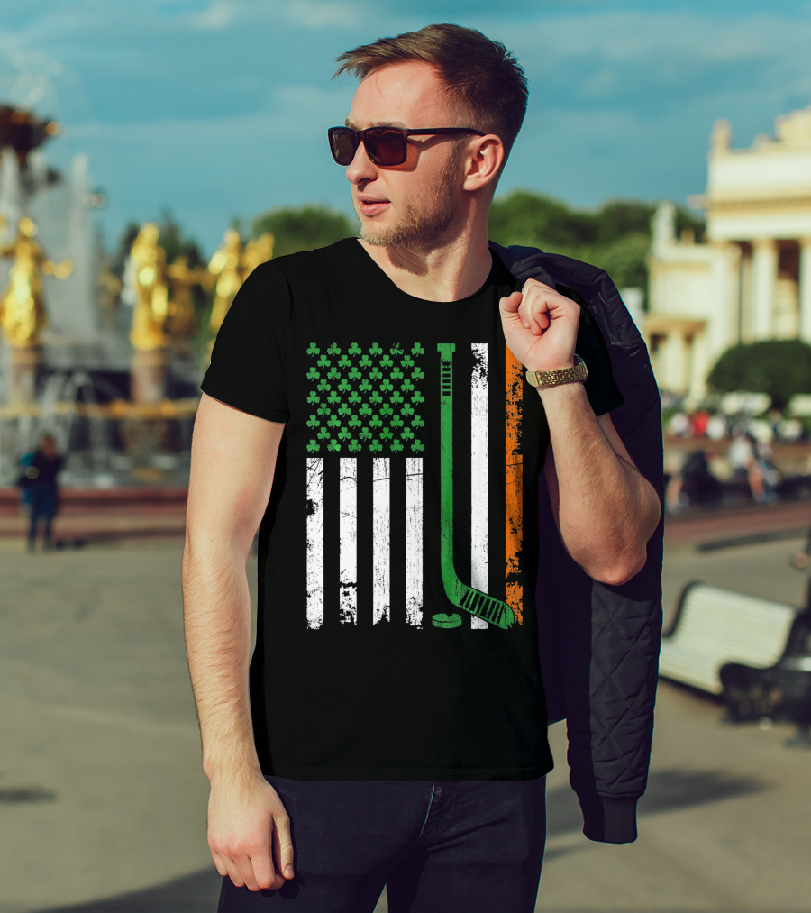 Irish American Flag Shamrock Hockey Stick T-Shirt