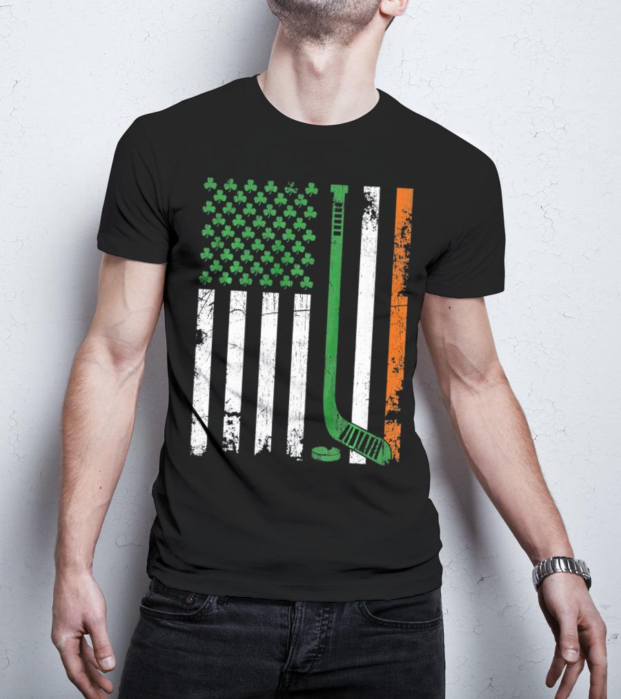 Irish American Flag Shamrock Hockey Stick T-Shirt