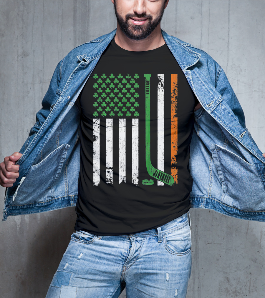 Irish American Flag Shamrock Hockey Stick T-Shirt