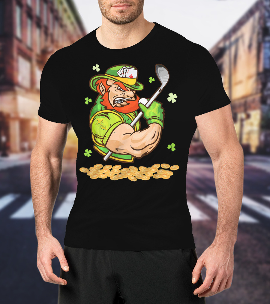 Leprechaun Swinging Golf Club Surrounded By Shamrocks And Gold Coins T-Shirt