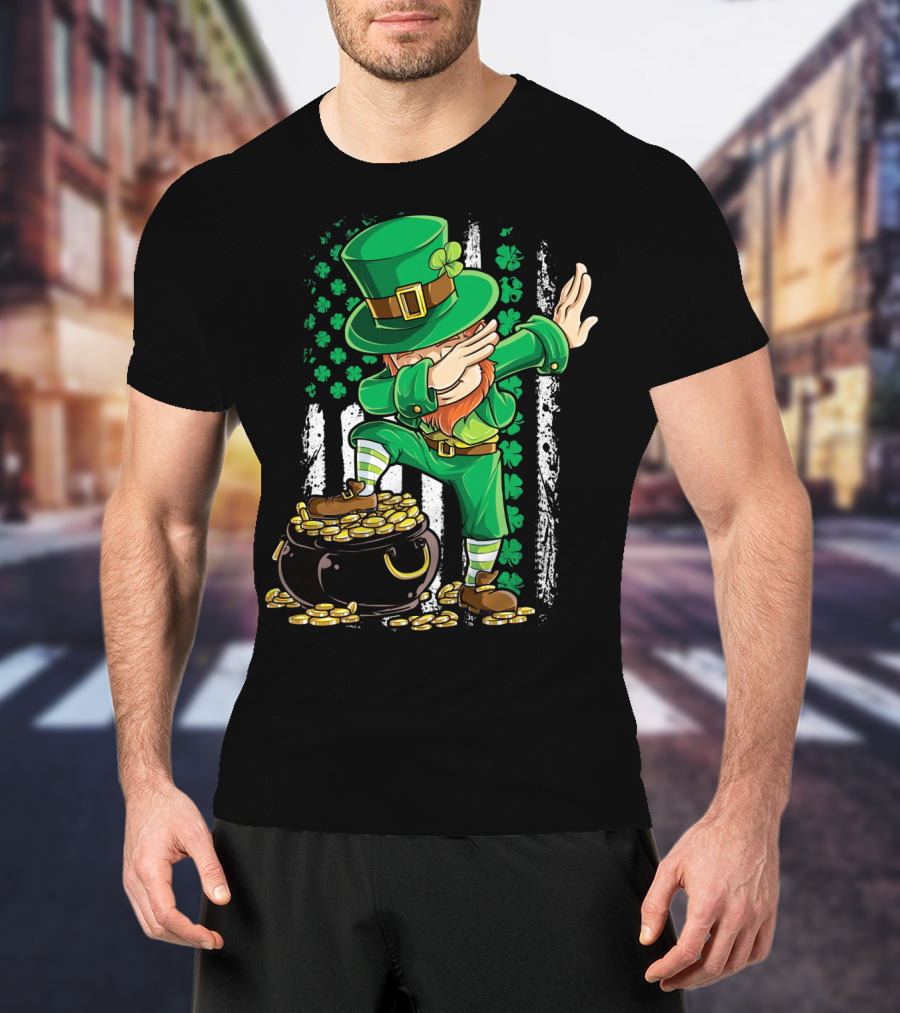 Dabbing Leprechaun With Shamrocks And Gold Coins Irish American T-Shirt