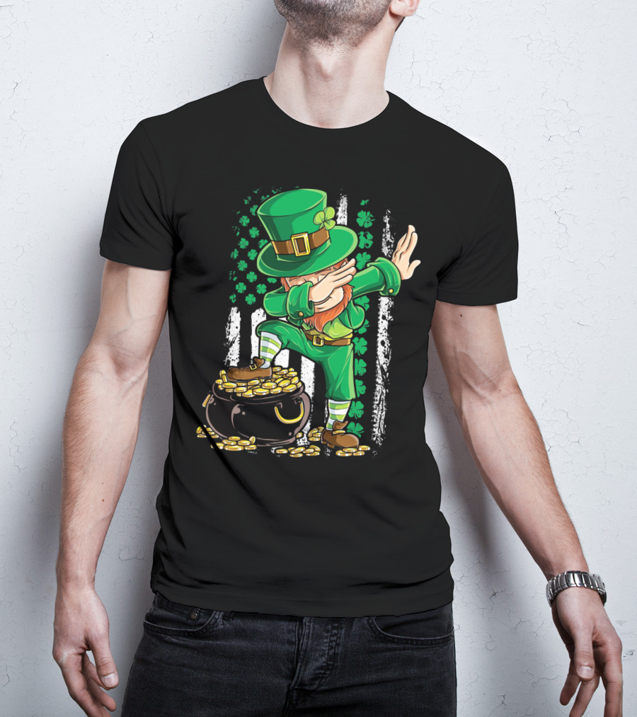 Dabbing Leprechaun With Shamrocks And Gold Coins Irish American T-Shirt