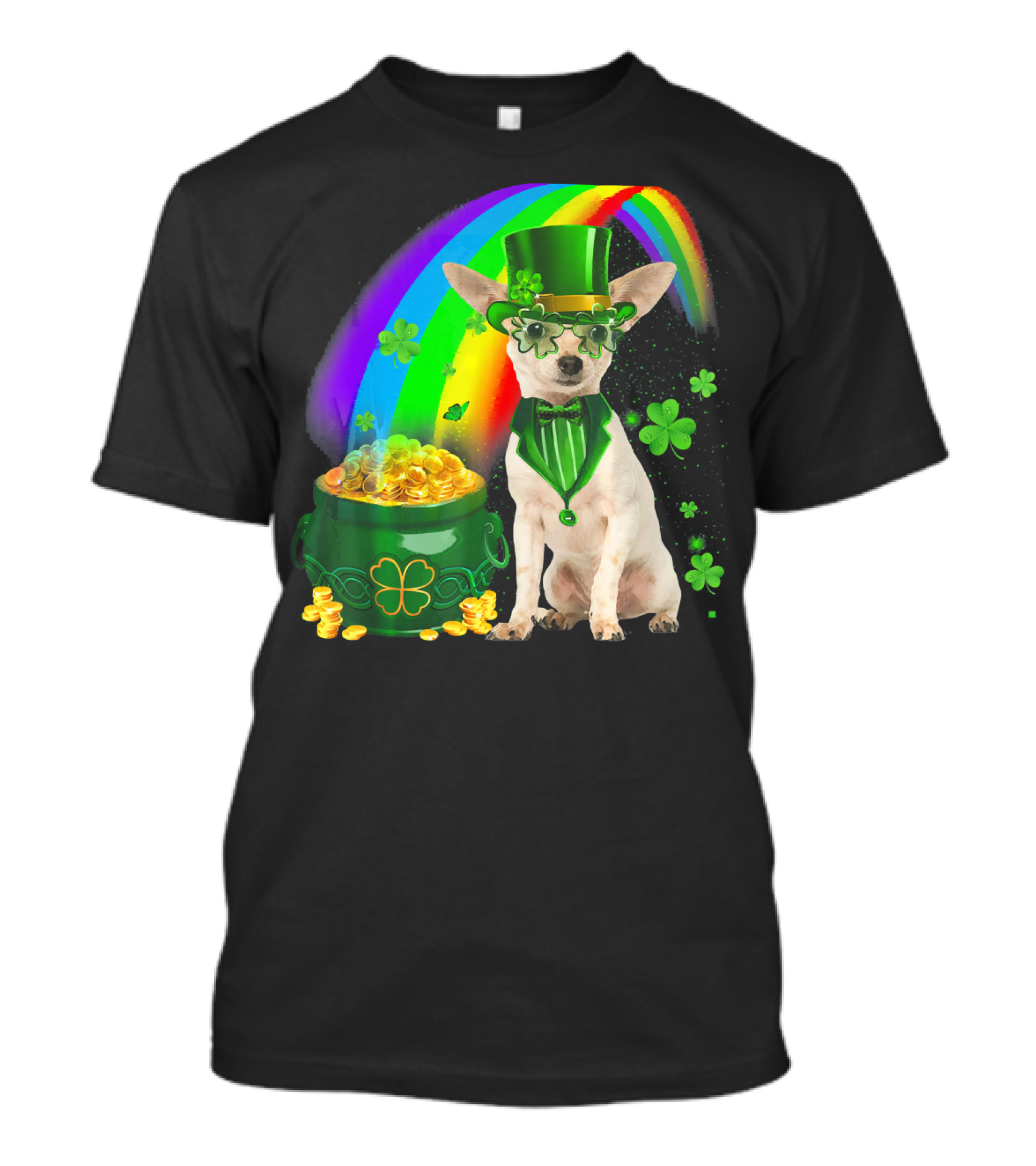 Chihuahua Irish Leprechaun With Shamrock And Rainbow Coin Pot T-Shirt