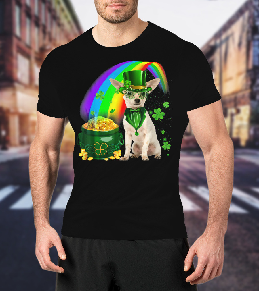 Chihuahua Irish Leprechaun With Shamrock And Rainbow Coin Pot T-Shirt