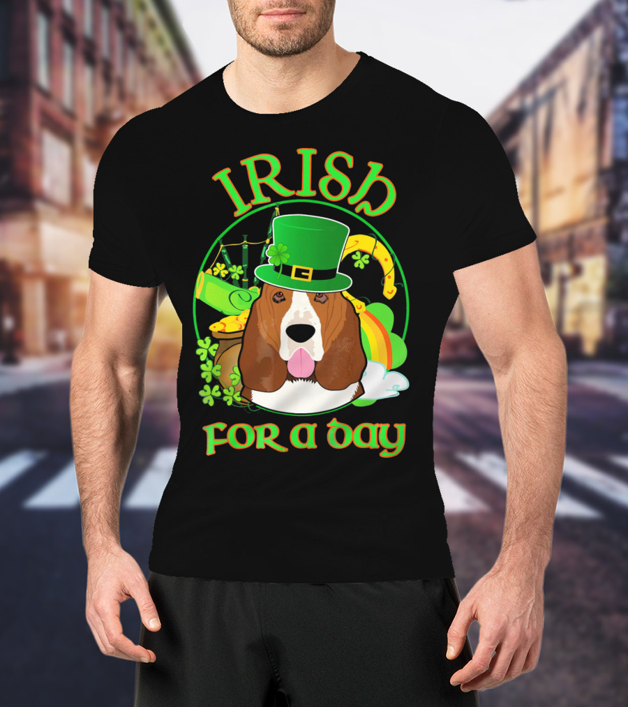 Irish For A Day Basset Hound Dog With Leprechaun Hat And Shamrocks T-Shirt
