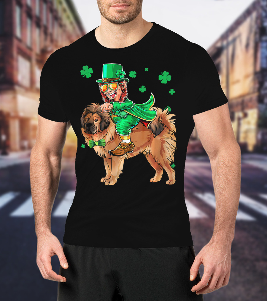 Leprechaun Riding Tibetan Mastiff With Shamrocks T-Shirt
