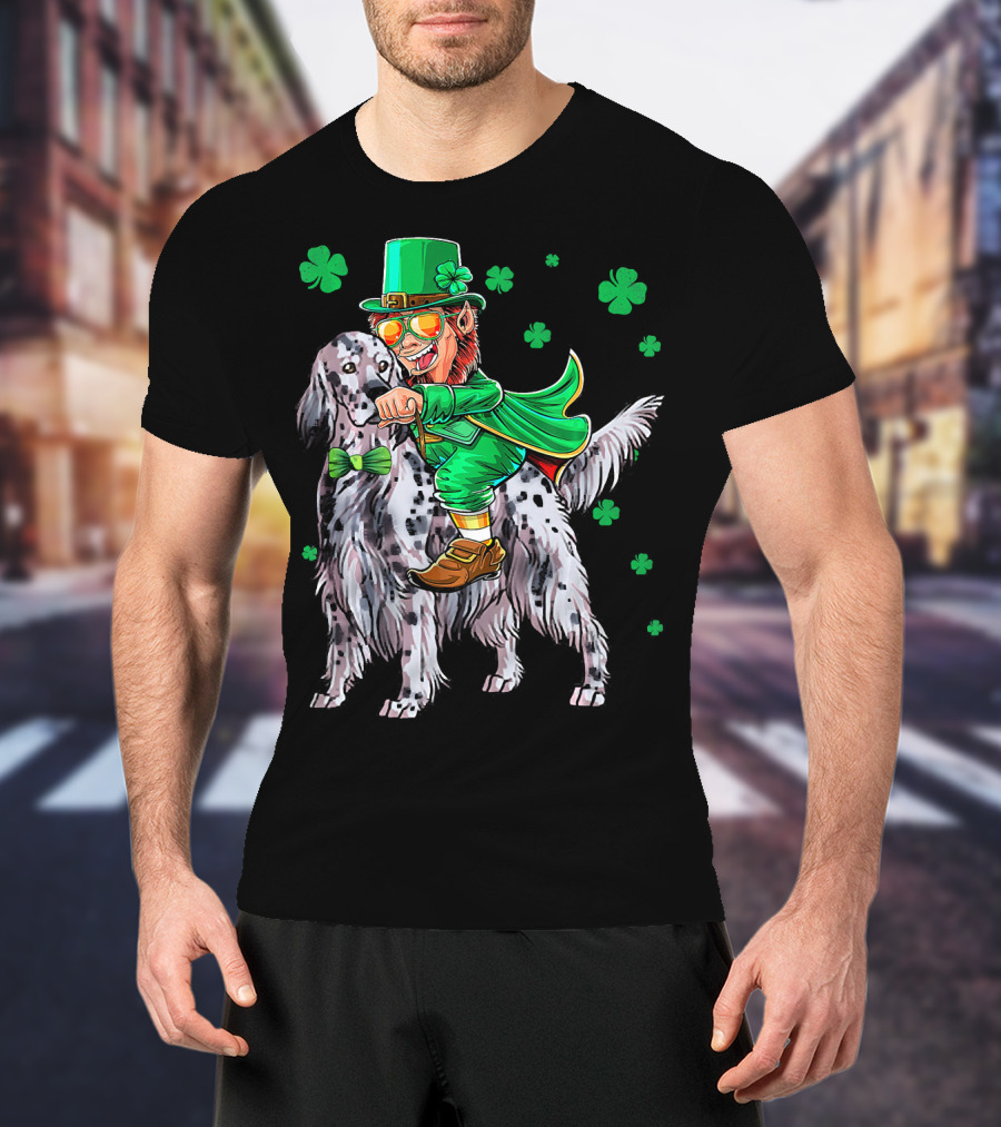 Leprechaun Riding English Setter With Shamrocks T-Shirt