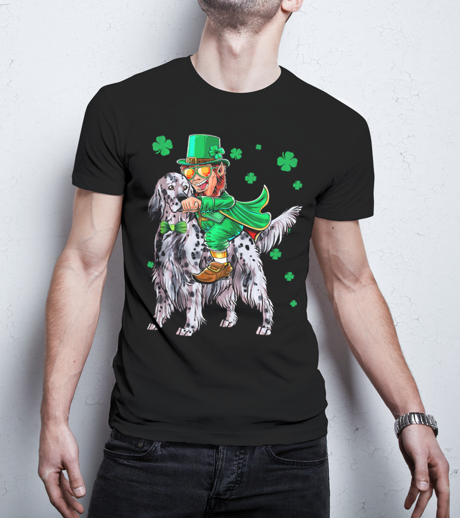 Leprechaun Riding English Setter With Shamrocks T-Shirt