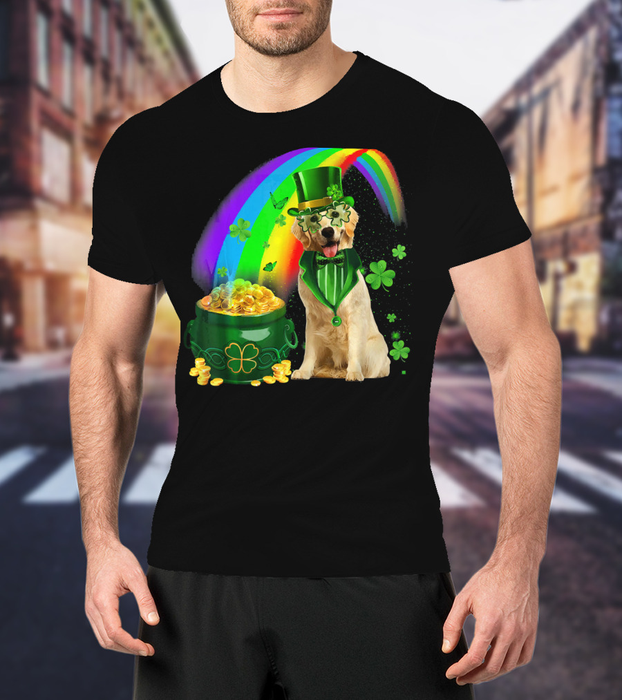 Golden Retrievers Dog Irish Leprechaun Rainbow Gold T-Shirt