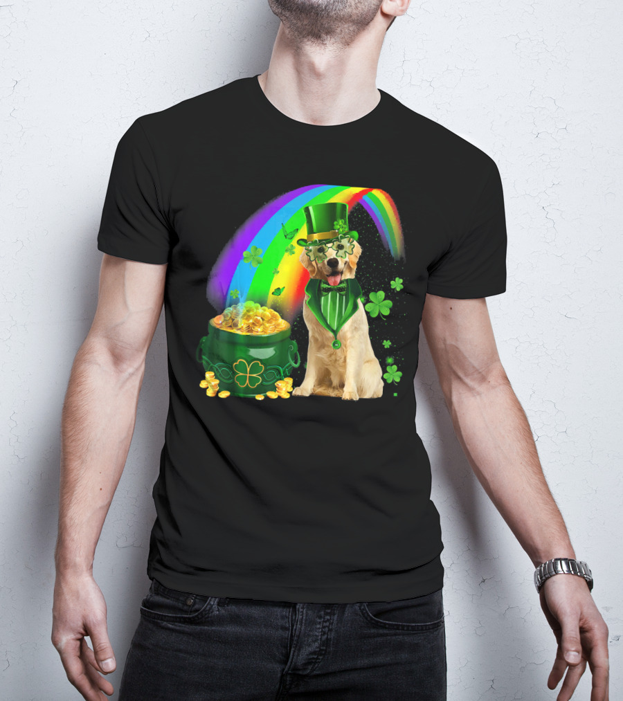 Golden Retrievers Dog Irish Leprechaun Rainbow Gold T-Shirt