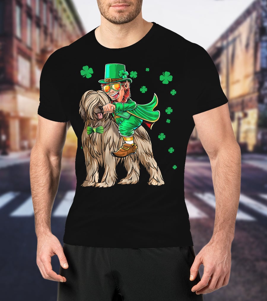 Leprechaun With Briard Surrounded By Shamrocks For St. Patrick's Day T-Shirt
