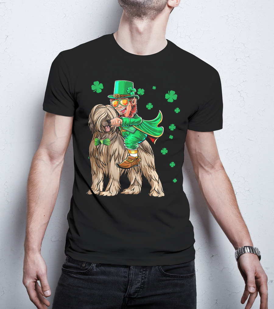 Leprechaun With Briard Surrounded By Shamrocks For St. Patrick's Day T-Shirt