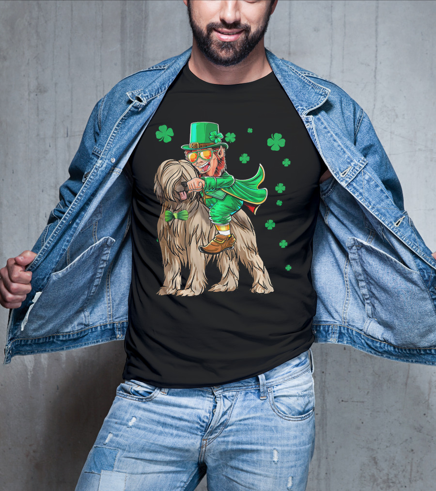 Leprechaun With Briard Surrounded By Shamrocks For St. Patrick's Day T-Shirt