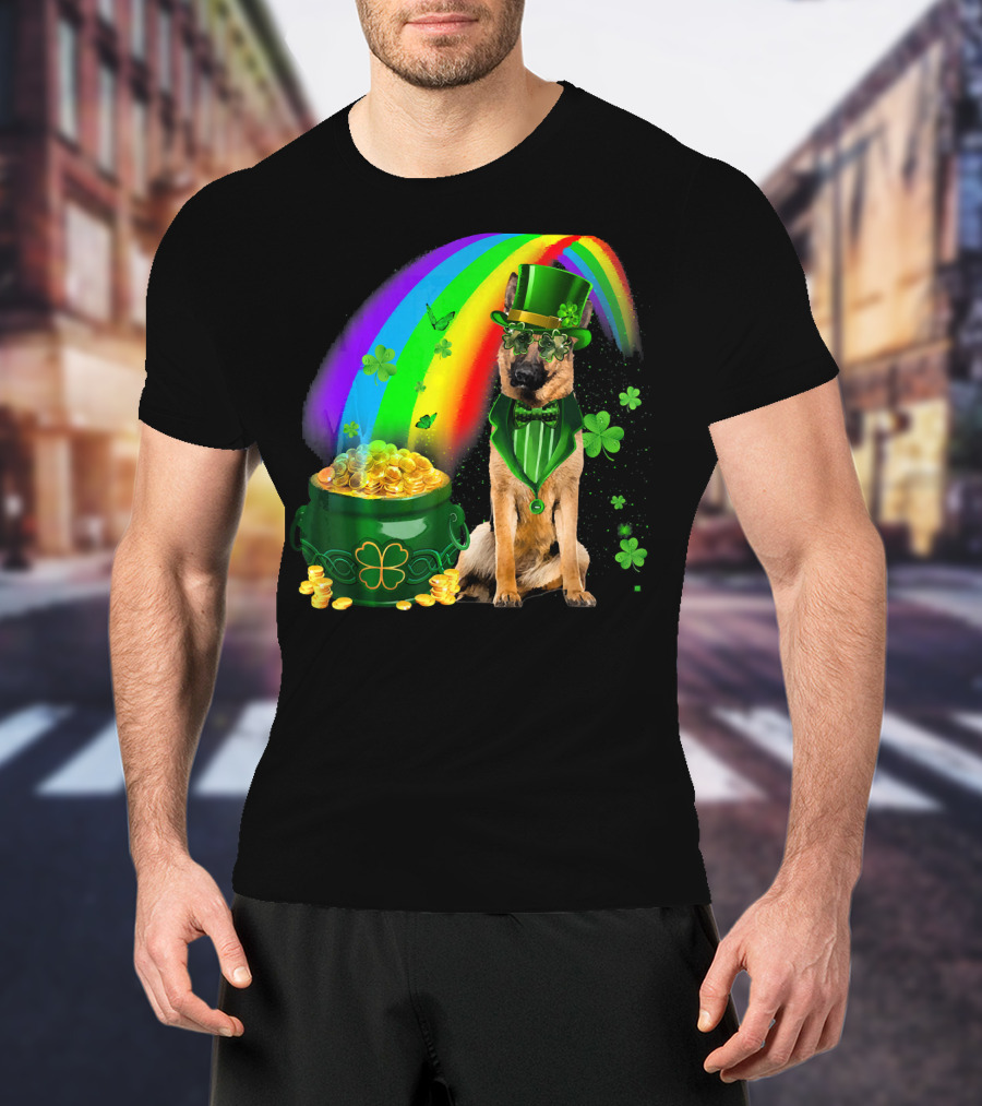 German Shepherd Irish Leprechaun Rainbow Pot Of Gold Shamrock T-Shirt