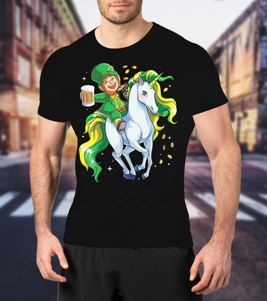 Leprechaun Riding Unicorn With Beer And Coins T-Shirt