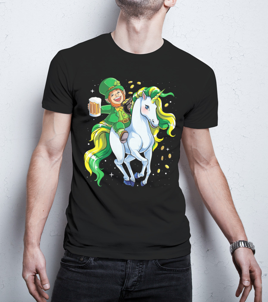 Leprechaun Riding Unicorn With Beer And Coins T-Shirt