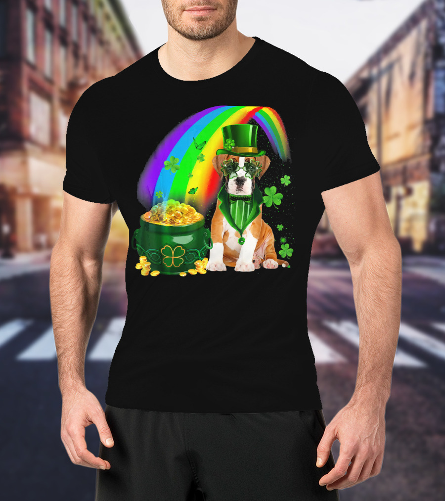 Boxer Dog Irish Leprechaun Coin Rainbow Clover Saint Patrick's Day T-Shirt