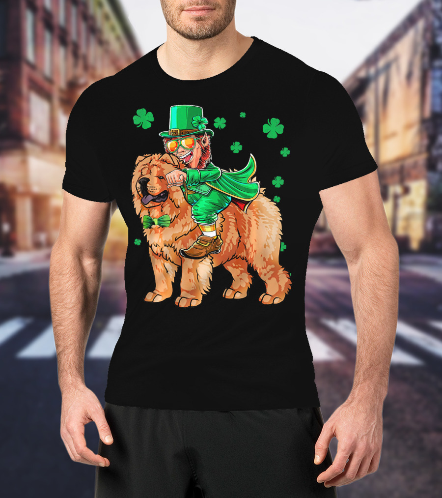 Leprechaun Riding Chow Chow With Shamrocks St. Patrick's Day T-Shirt