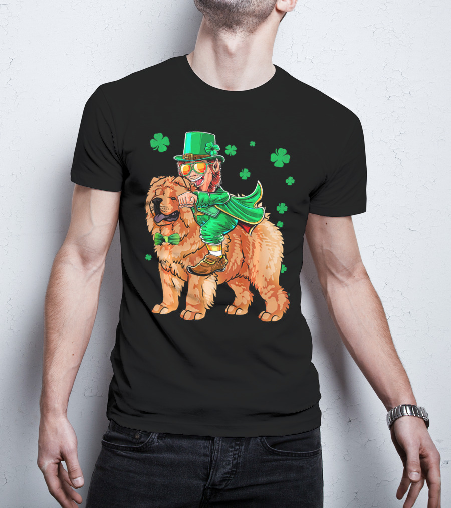 Leprechaun Riding Chow Chow With Shamrocks St. Patrick's Day T-Shirt