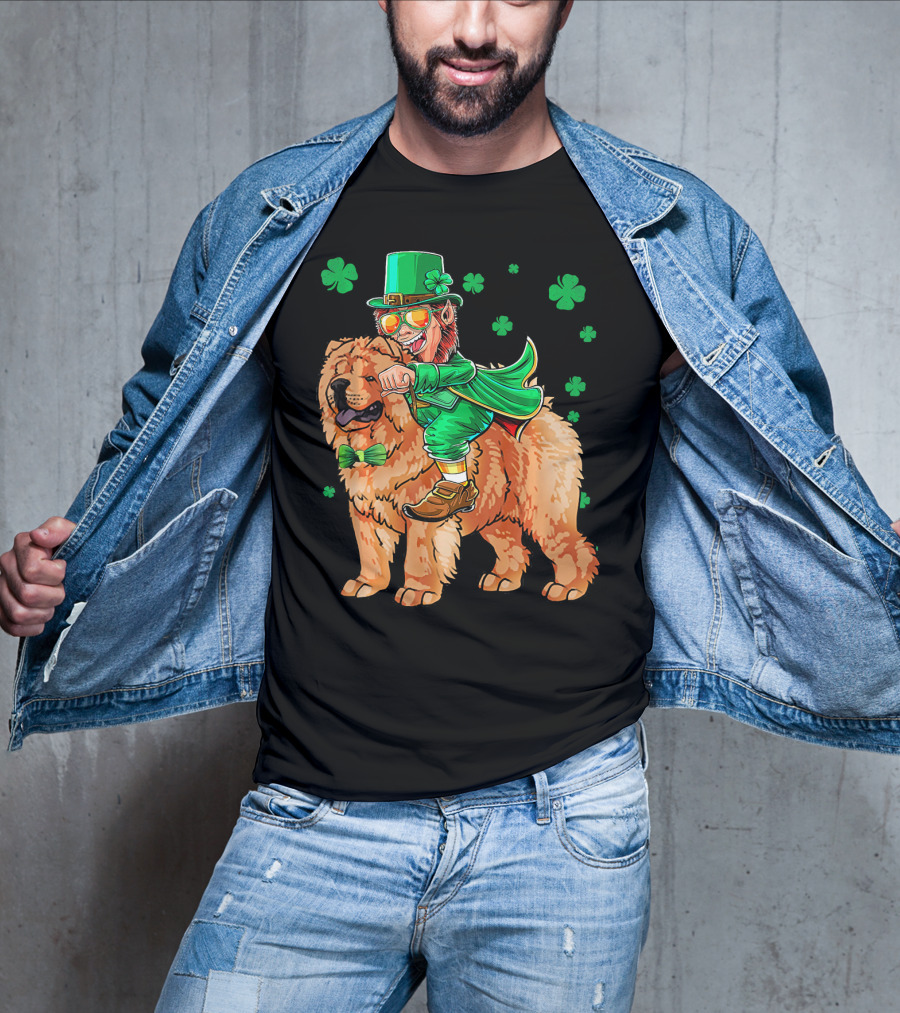 Leprechaun Riding Chow Chow With Shamrocks St. Patrick's Day T-Shirt