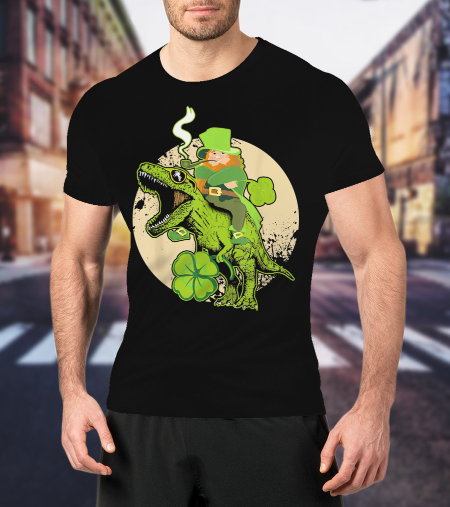St Patricks Day Leprechaun Riding Dinosaur With Shamrocks T-Shirt