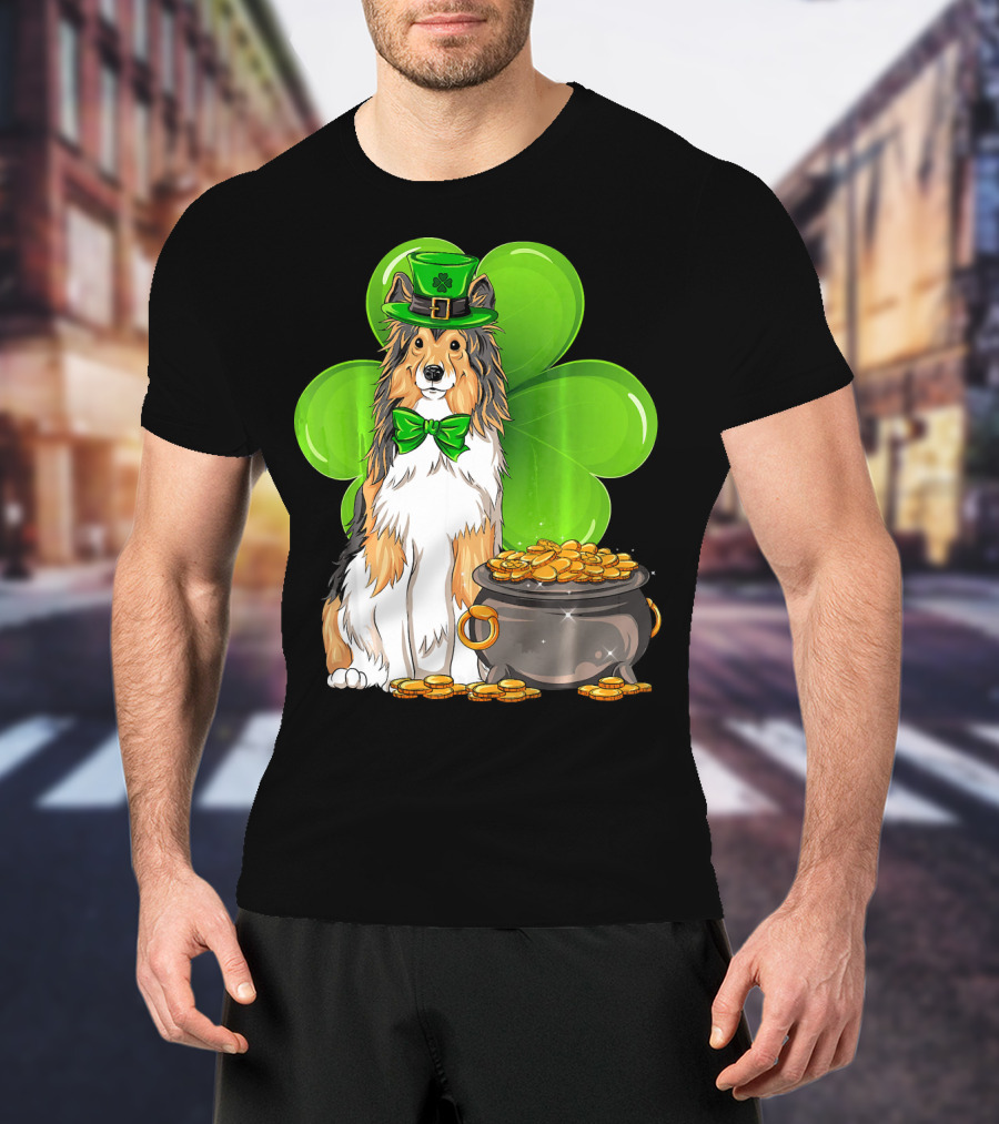 Shetland Sheepdog St Patricks Day Leprechaun Clover And Pot Of Gold T-Shirt