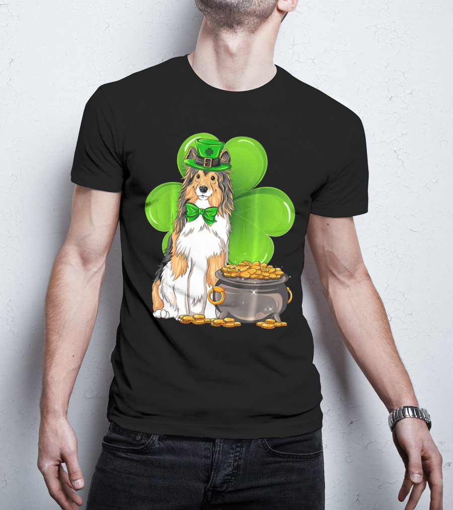 Shetland Sheepdog St Patricks Day Leprechaun Clover And Pot Of Gold T-Shirt