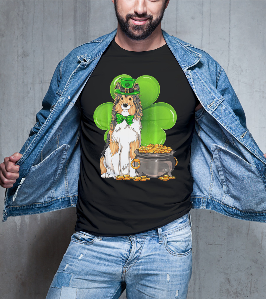 Shetland Sheepdog St Patricks Day Leprechaun Clover And Pot Of Gold T-Shirt
