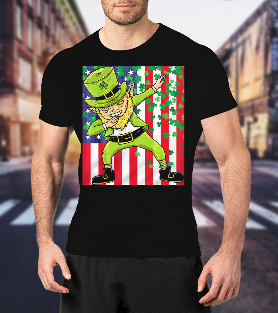 American Flag Dabbing Leprechaun St Patrick's Day Shamrocks T-Shirt