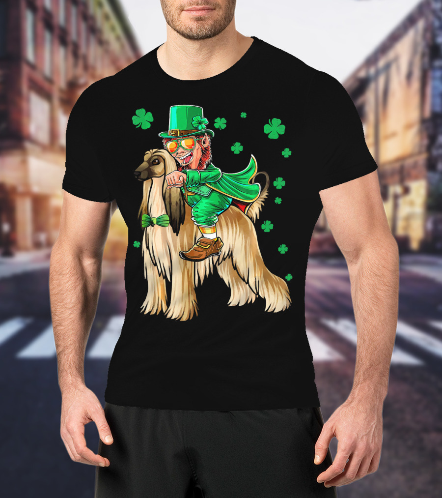 Leprechaun Riding Afghan Hound With Shamrocks St. Patrick's Day T-Shirt