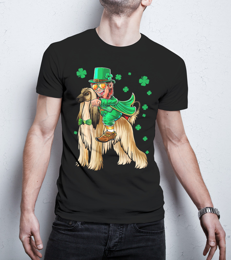Leprechaun Riding Afghan Hound With Shamrocks St. Patrick's Day T-Shirt