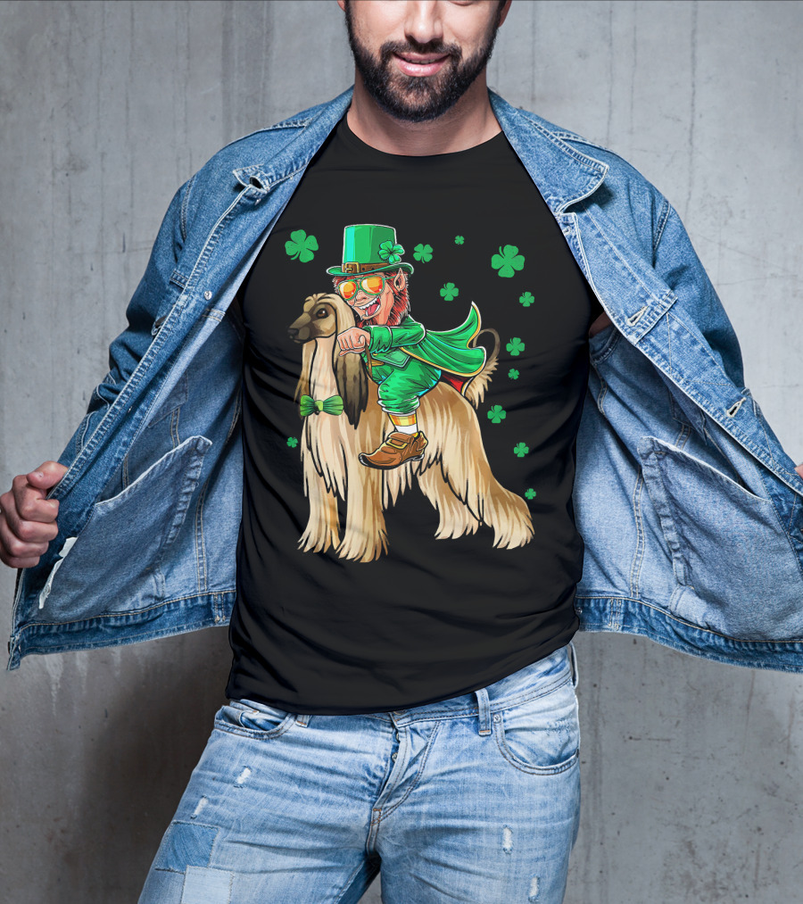 Leprechaun Riding Afghan Hound With Shamrocks St. Patrick's Day T-Shirt