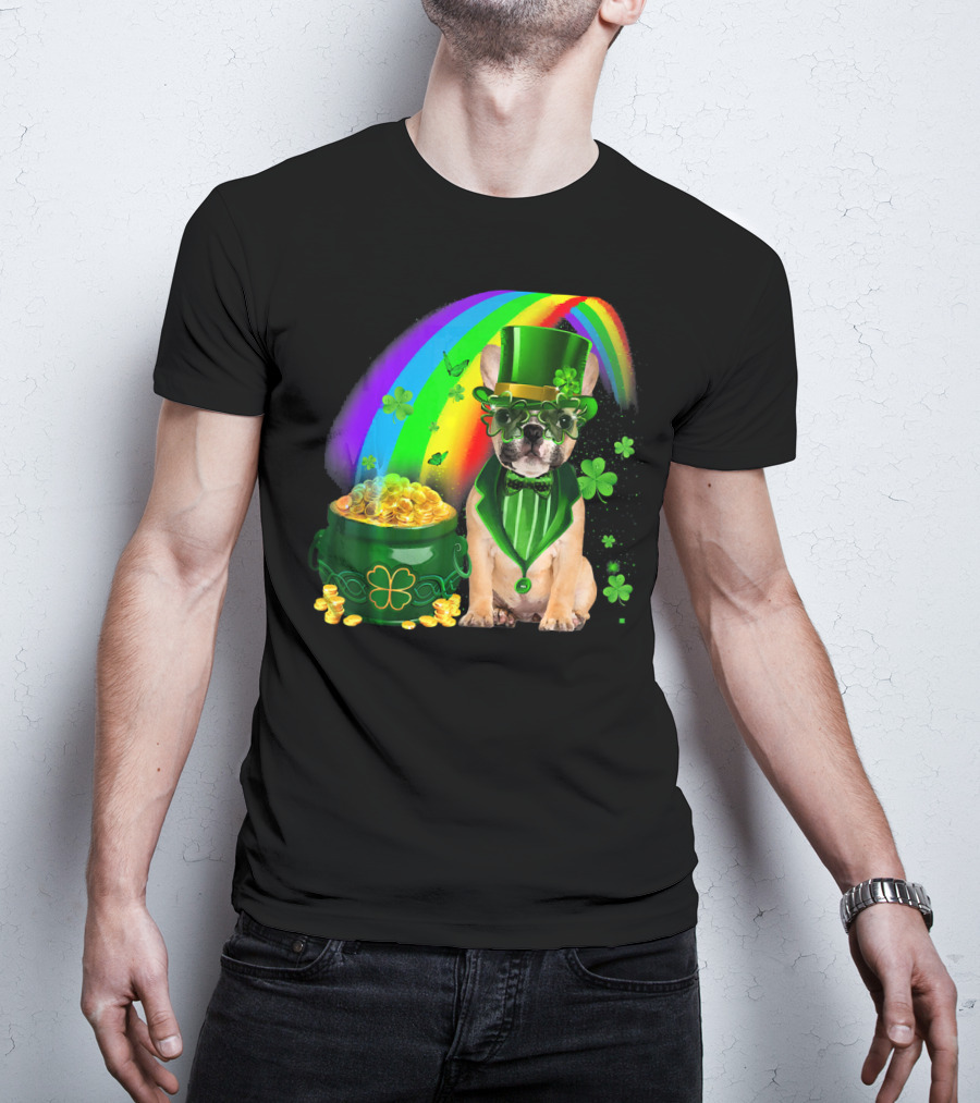 French Bulldog Irish Leprechaun With Pot Of Gold And Shamrocks T-Shirt