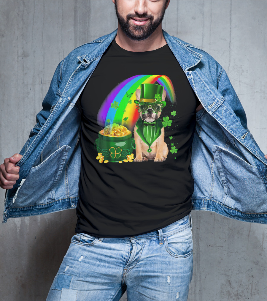 French Bulldog Irish Leprechaun With Pot Of Gold And Shamrocks T-Shirt