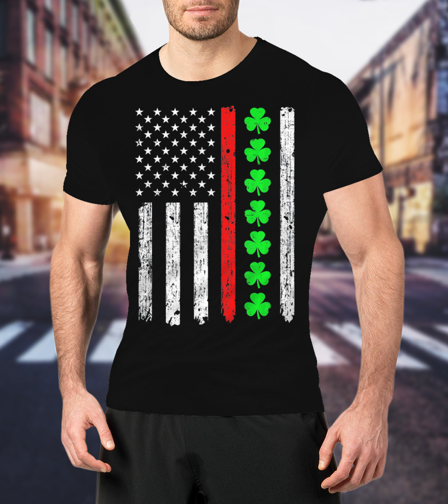 American Flag Thin Red Line Shamrock Irish St Patricks T-Shirt