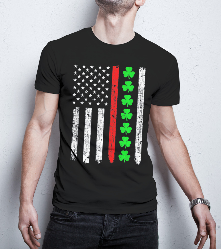 American Flag Thin Red Line Shamrock Irish St Patricks T-Shirt