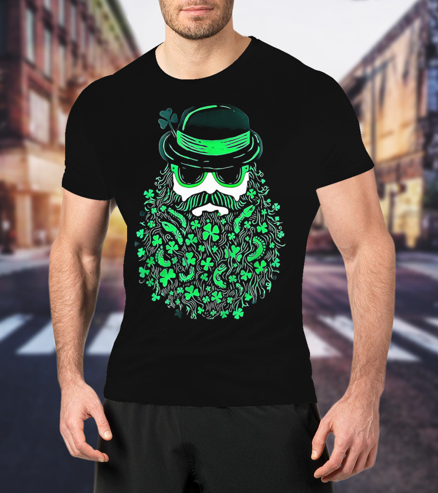 Shamrock Moustache Leprechaun St Patrick's Beard Hat Sunglasses T-Shirt